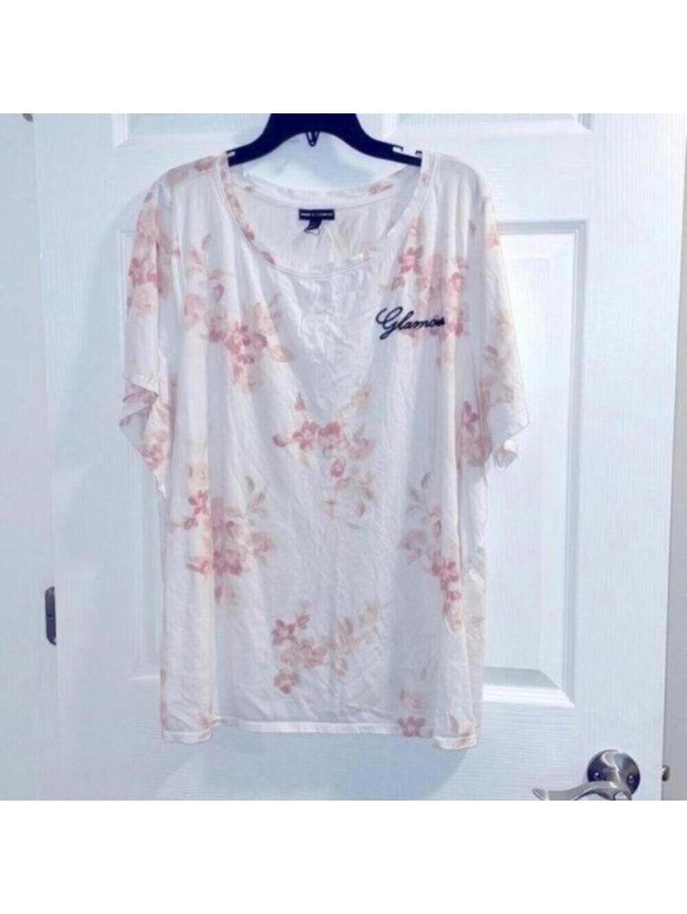 Glamour x Lane Bryant White Slub Short Sleeve Blouse Top Shirt Floral Print